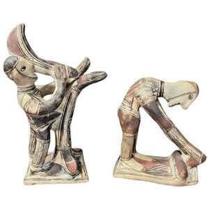 Vintage Mexican Folk Art Pottery Figures Pair Pre-Columbian Style MCM